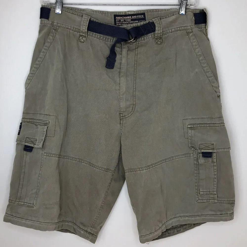 Abercrombie Fitch Men's Large Green Cargo Utility Baggy Y2K Belted Cargo‎ Shorts